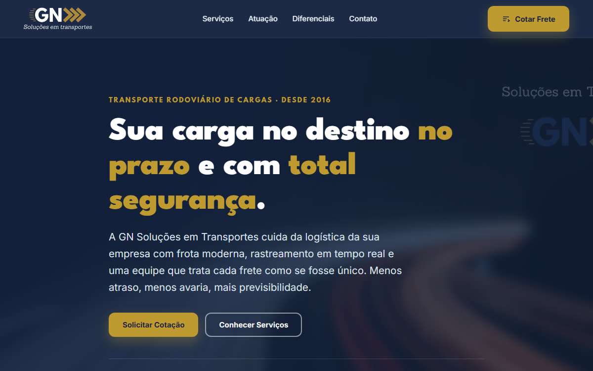 Site da GN Soluções em Transportes